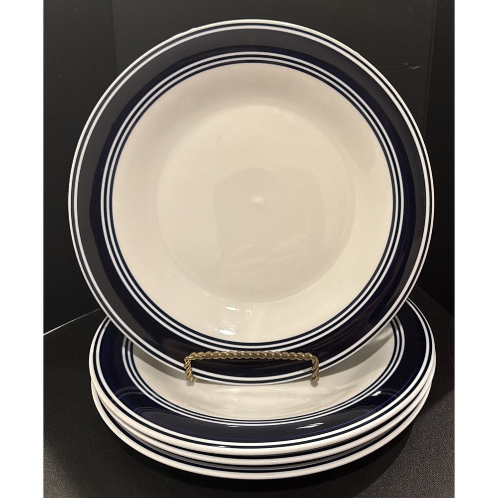 Mainstays White Blue Banded Dinner Plates Plate‎ Stoneware 10 Inch Set Of 4 NEW